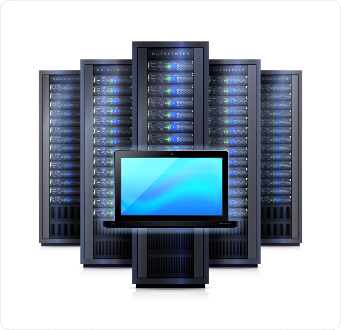 A laptop in front of server racks