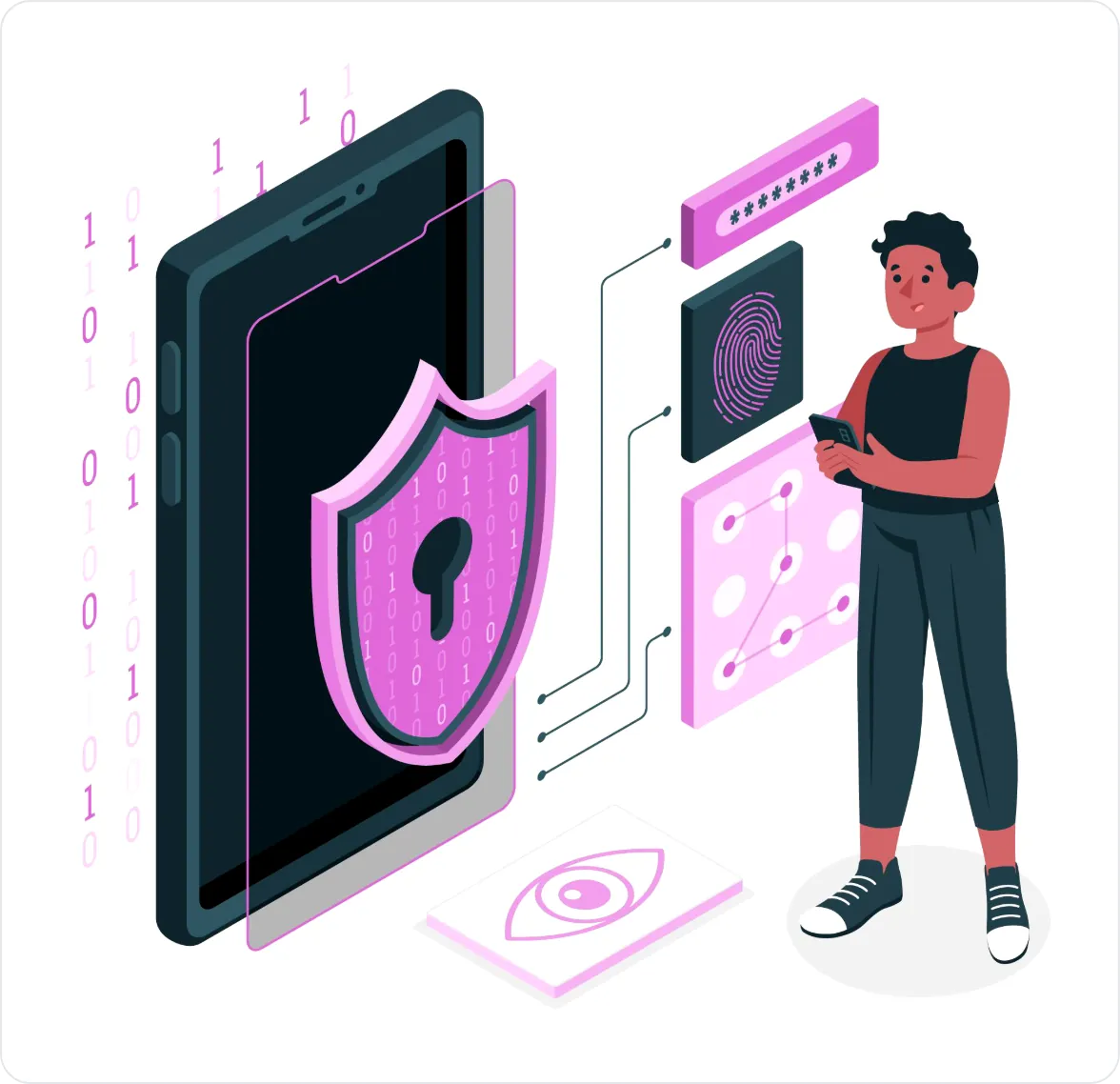 Illustration of a person beside a phone protected by a shield and padlock
