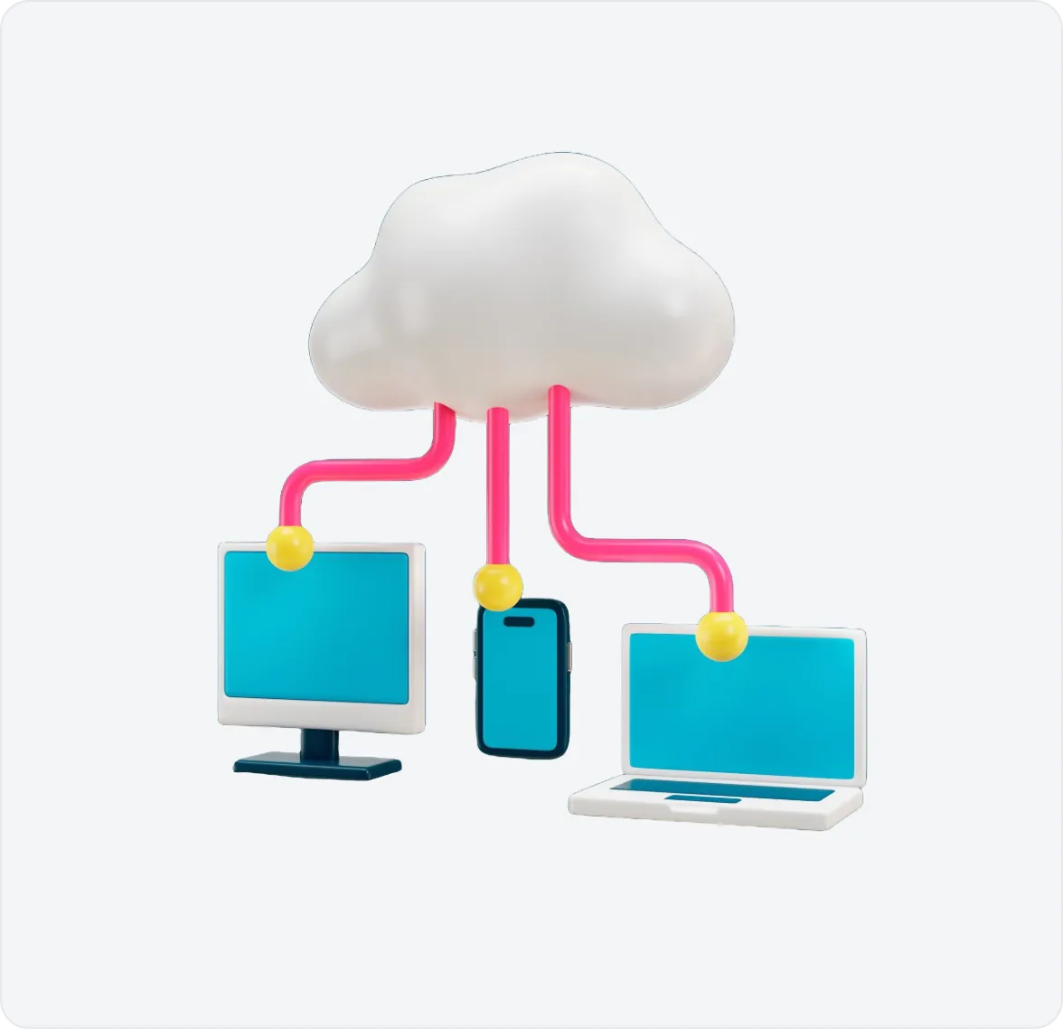 Illustration of a cloud connected to a desktop, phone and laptop