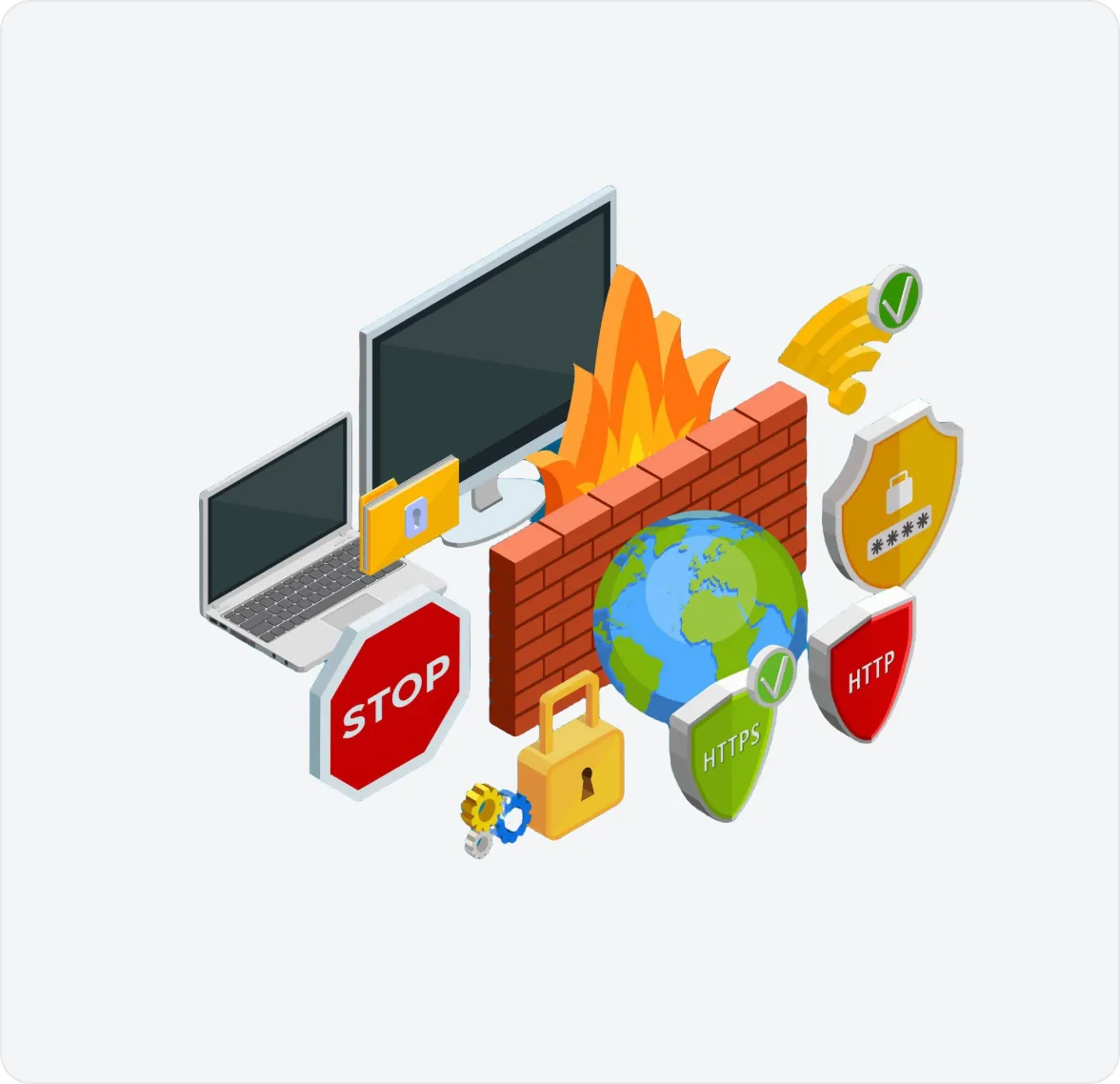 Illustration of computers protected by a firewall, padlock and shield