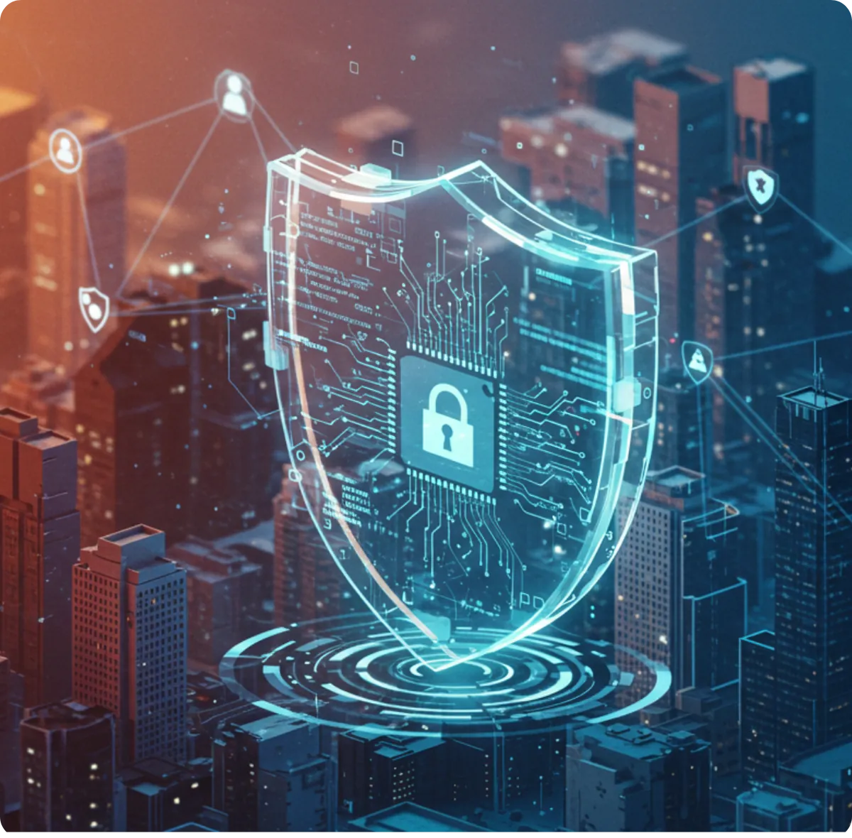 A digital shield with a padlock over a city at night
